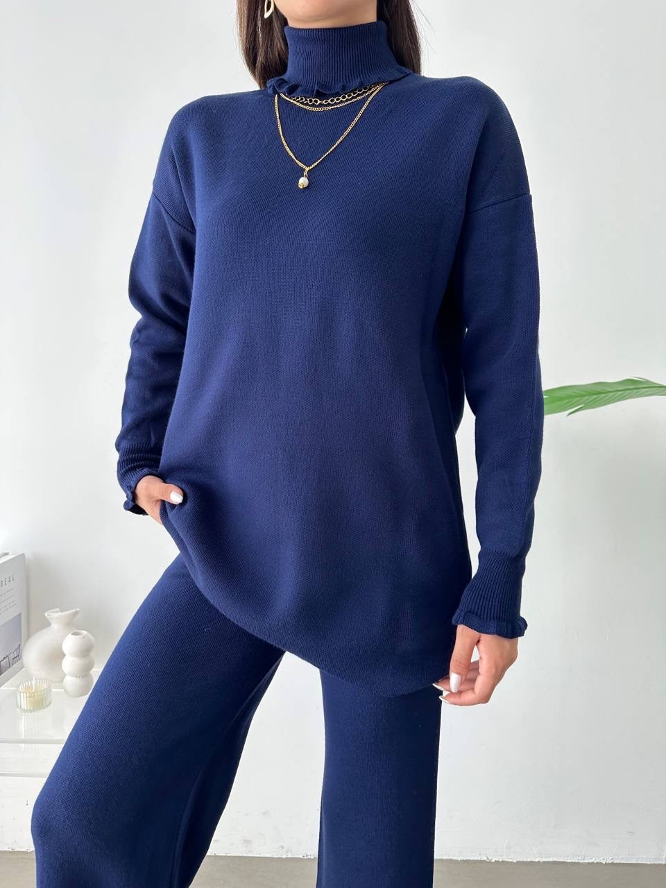 Leyla Knit Turtle Neck 2 Piece Set - Navy Blue