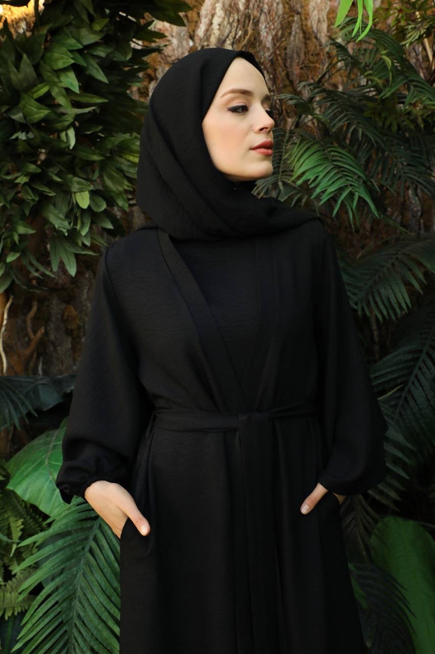 Linen Double Sleeve 2 Piece Abaya Set - Black