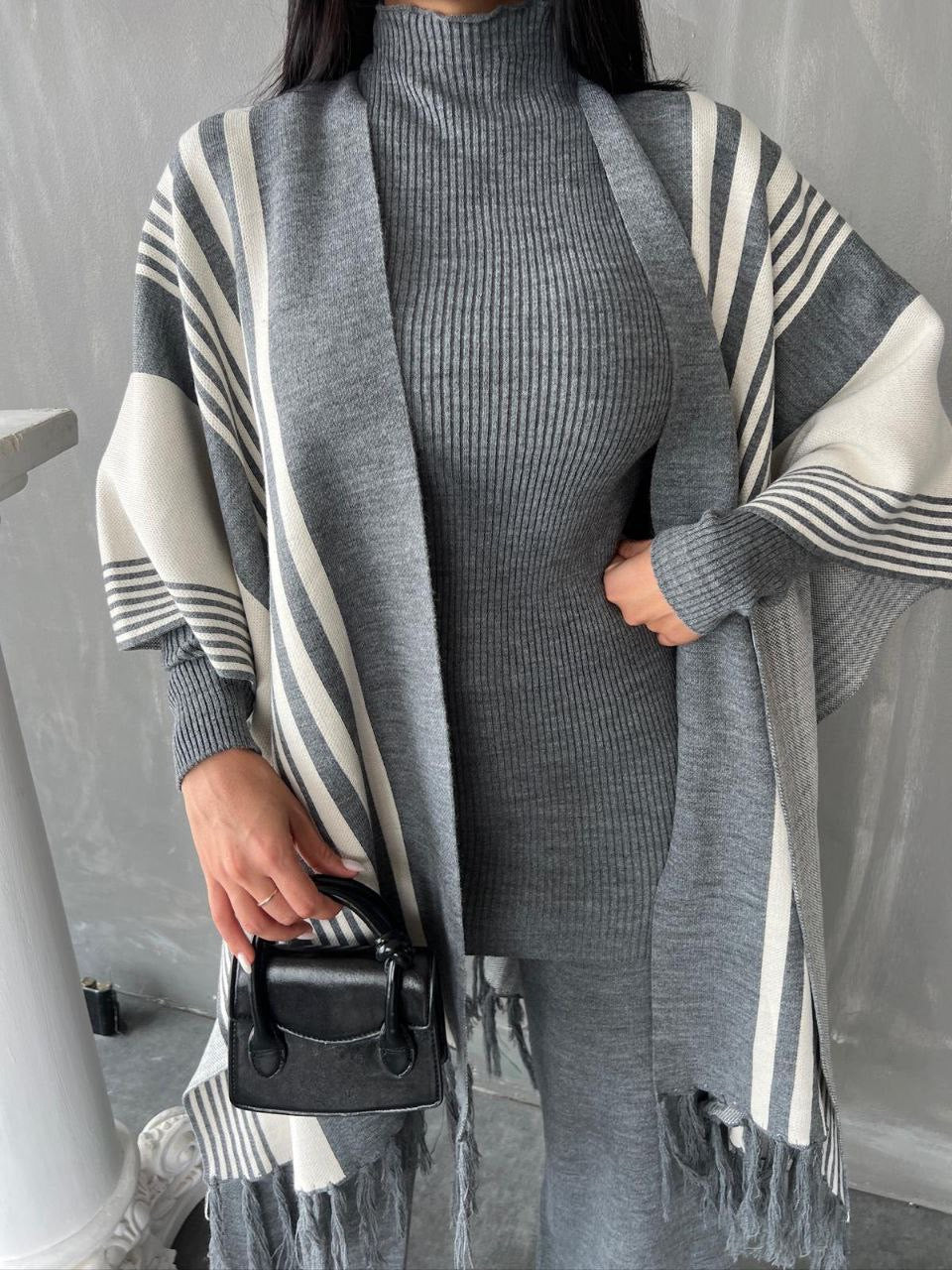 3 Piece Pancho Sweater Set - Grey