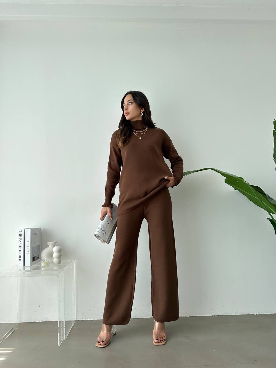 Leyla Knit Turtle Neck 2 Piece Set - Brown