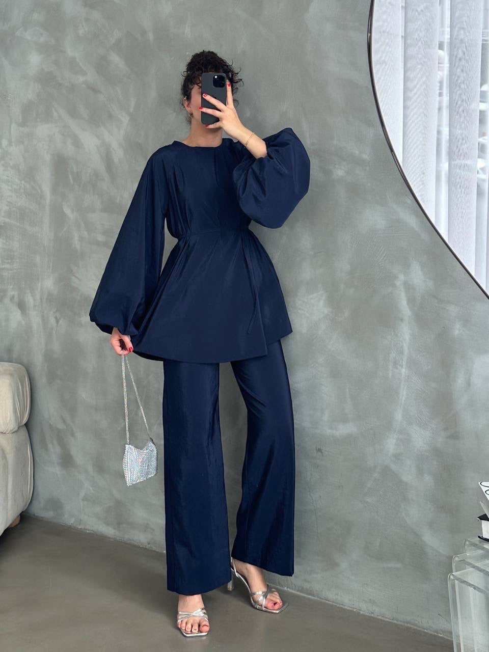 Ballon Sleeve 2 Piece Set - Navy