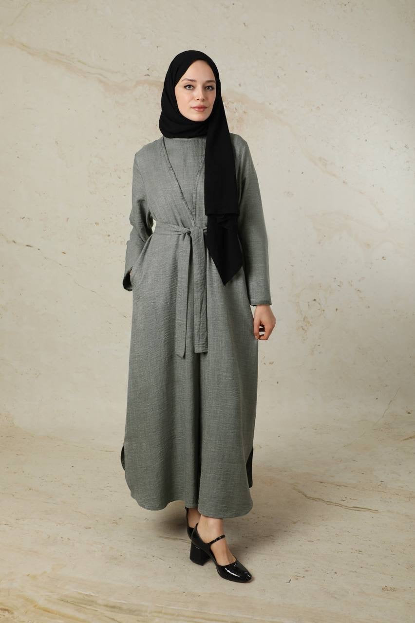 Linen 2 Piece Abaya Set - Charcoal