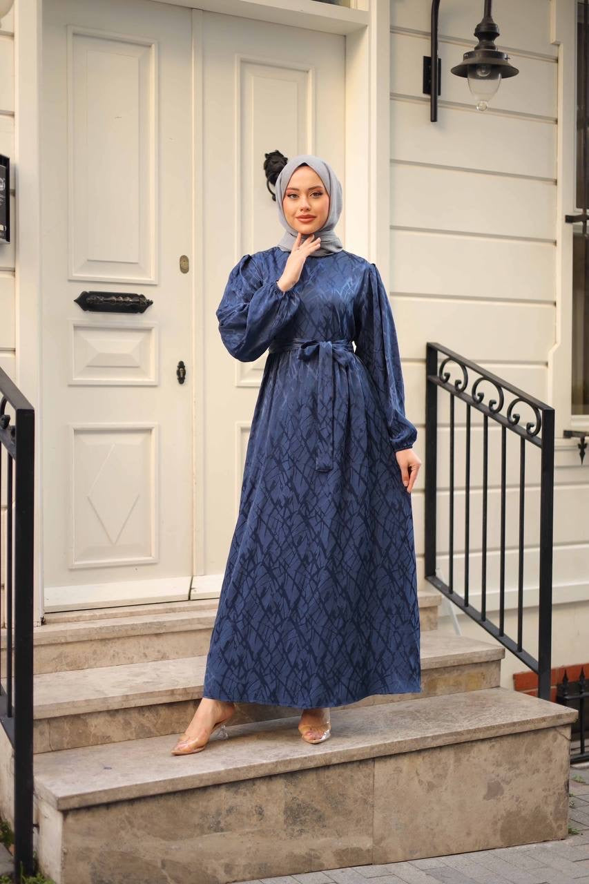 Jacquard Pattern Satin/Fabric Maxi Dress - Navy