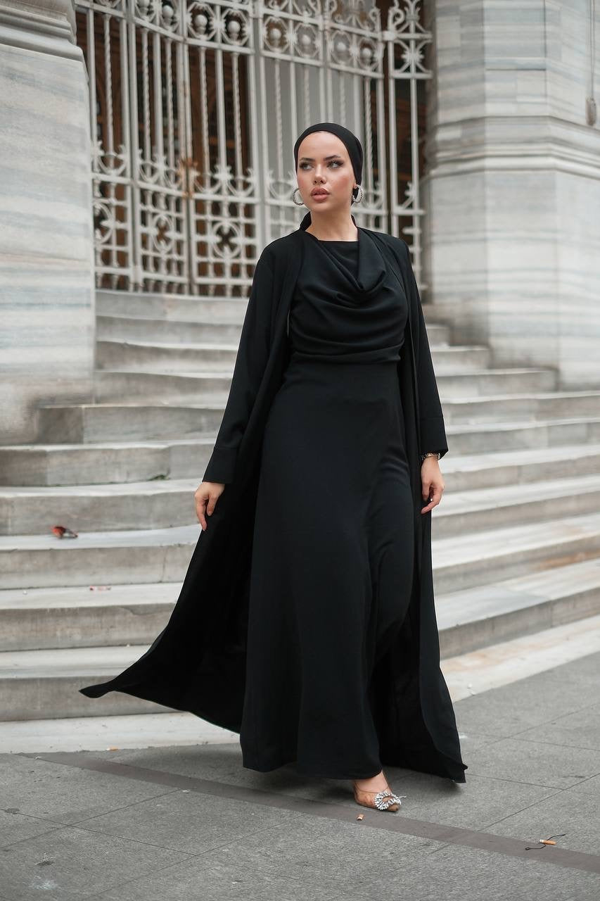 Draped Neck 2 Piece Abaya Set - Black