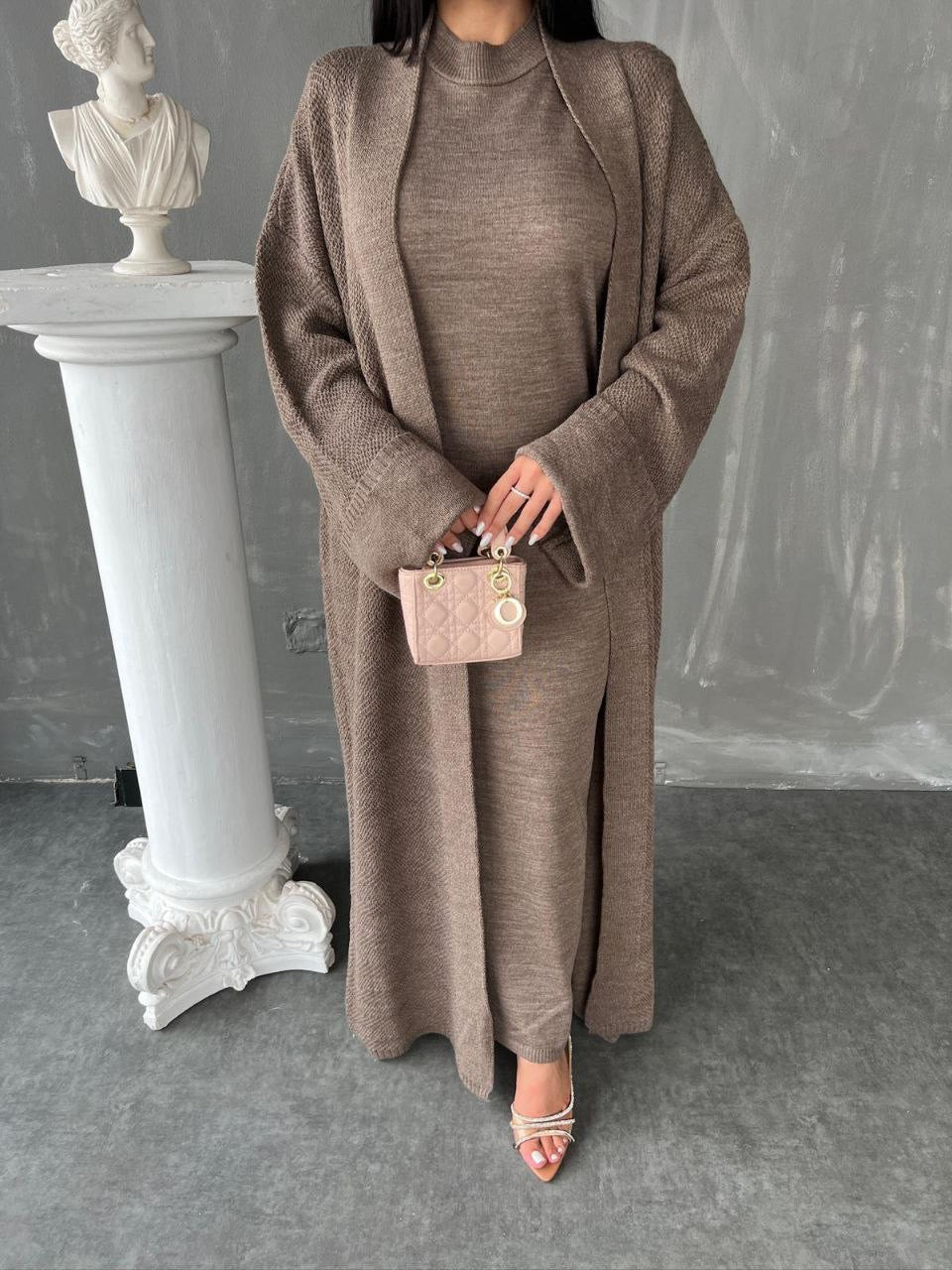 Knitted Abaya Cardigan 2 Piece Set - Mocha