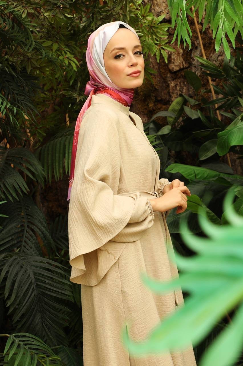 Linen Double Sleeve 2 Piece Abaya Set - Nude