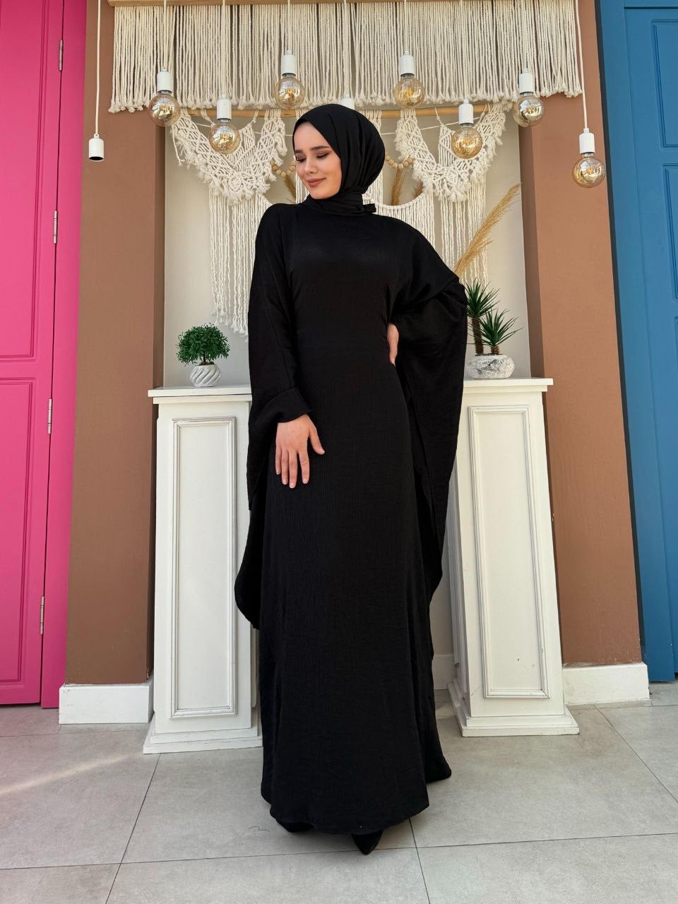 Brushed Satin Butterfly Abaya Dress - Black