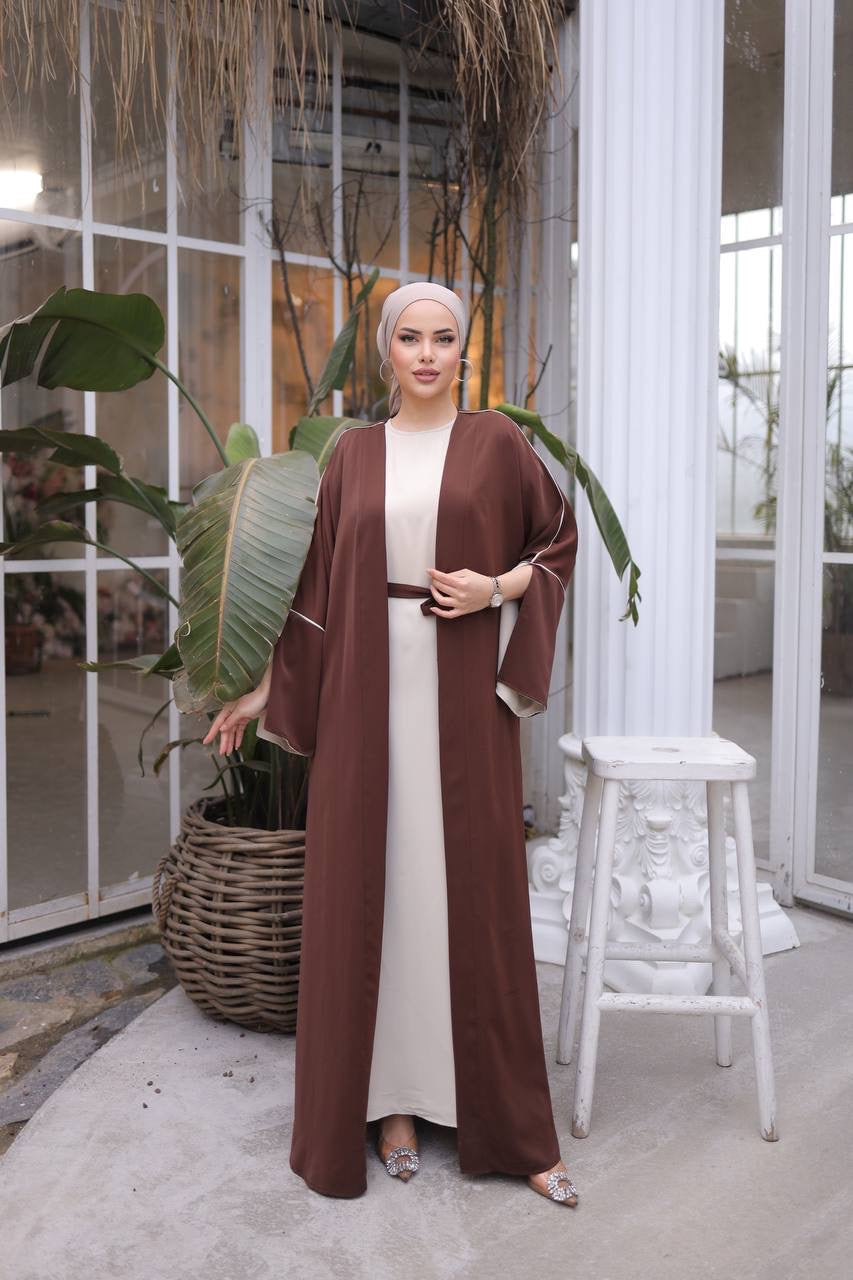 Pin Stripe 2 Piece Abaya Set - Brown/Off White