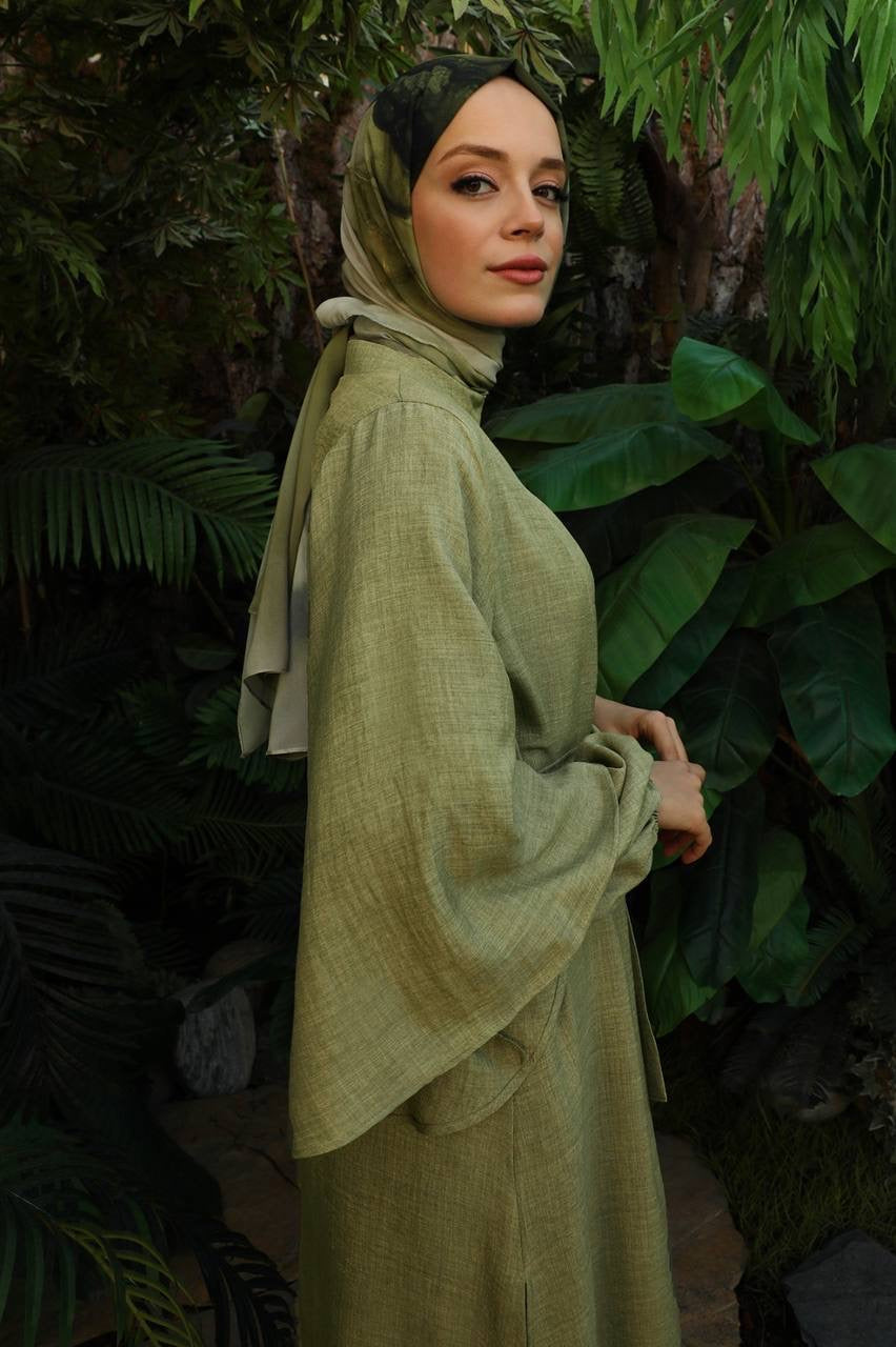 Linen Double Sleeve 2 Piece Abaya Set - Olive