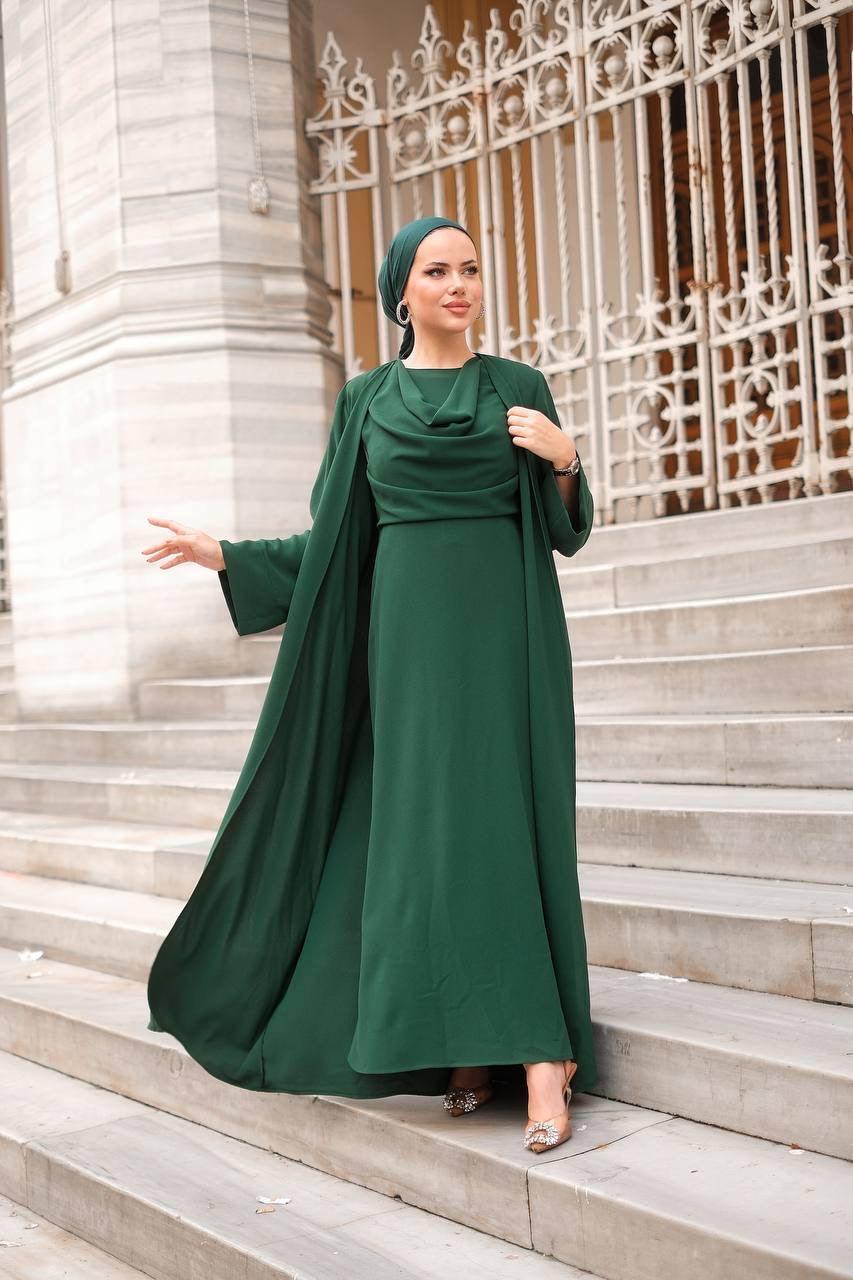 Draped Neck 2 Piece Abaya Set - Green