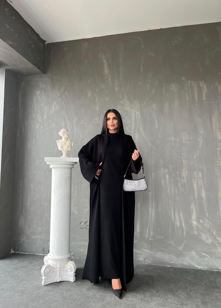 Knitted Abaya Cardigan 2 Piece Set - Black