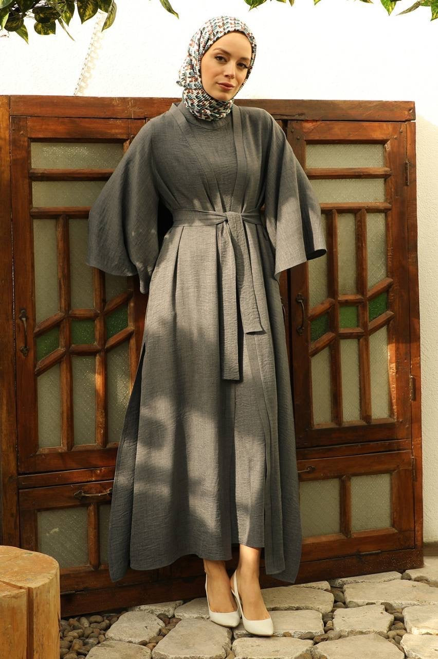 Linen Double Sleeve 2 Piece Abaya Set - Charcoal