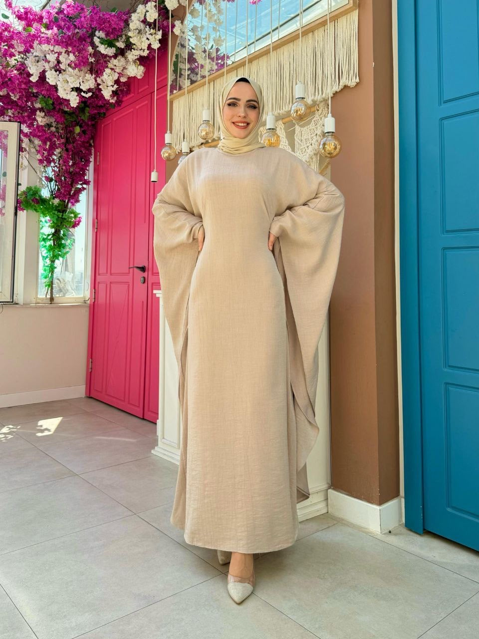 Brushed Satin Butterfly Abaya Dress - Nude