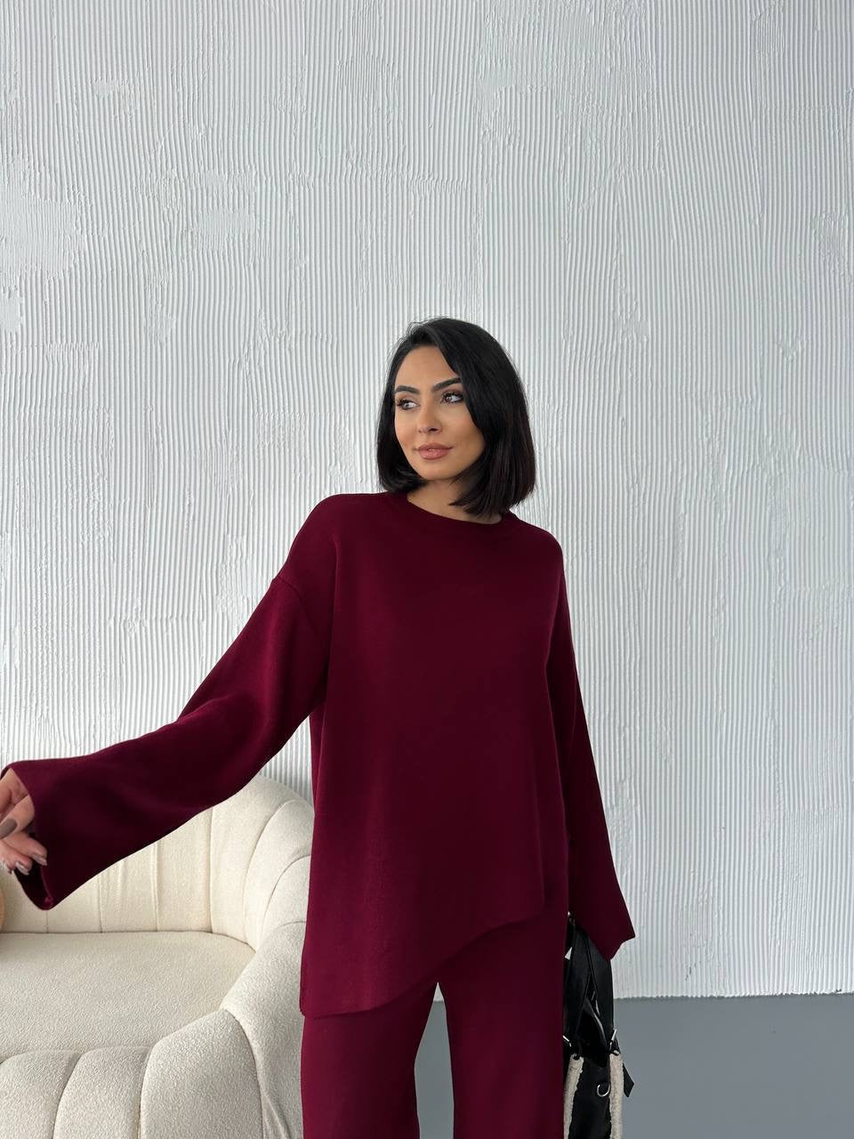 Fleece 2 Piece Knit Set - Maroon