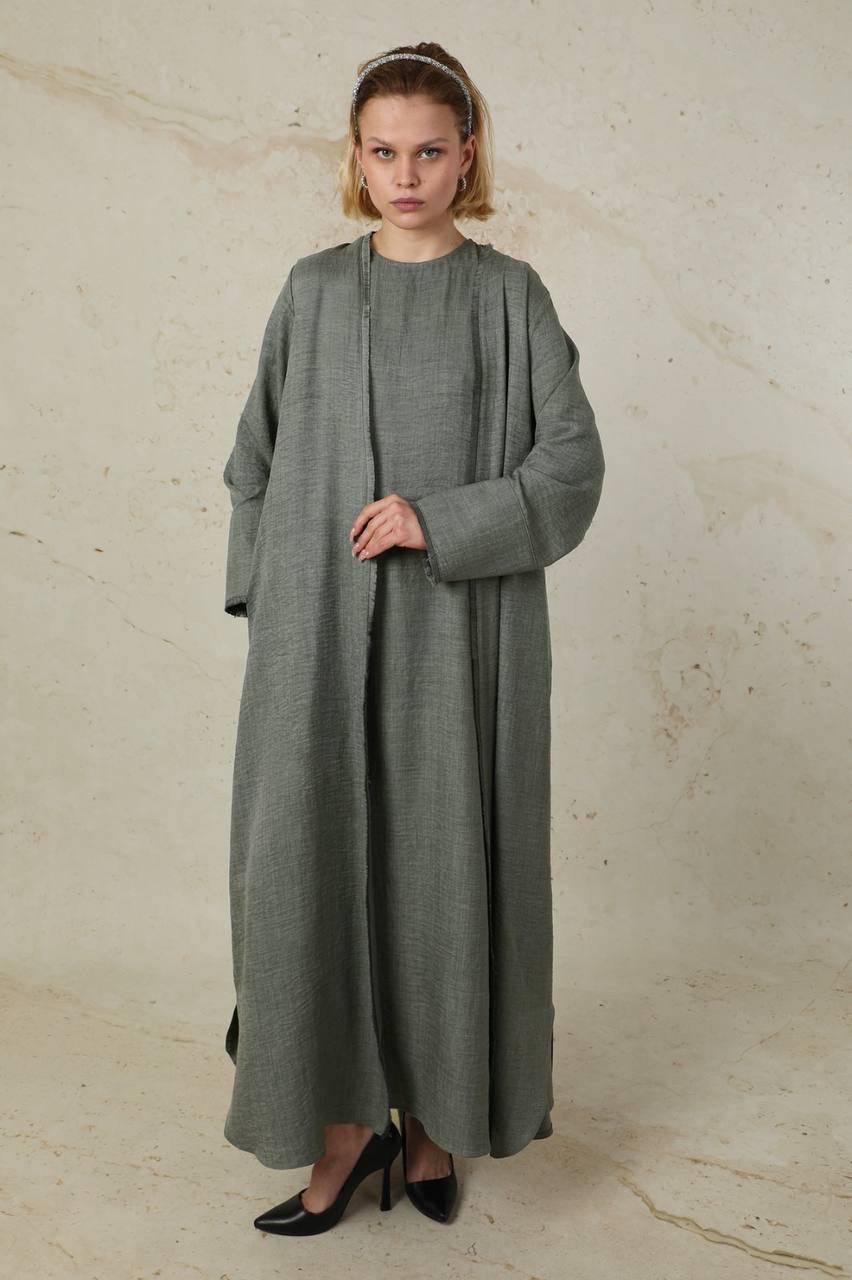 Linen 2 Piece Abaya Set - Charcoal