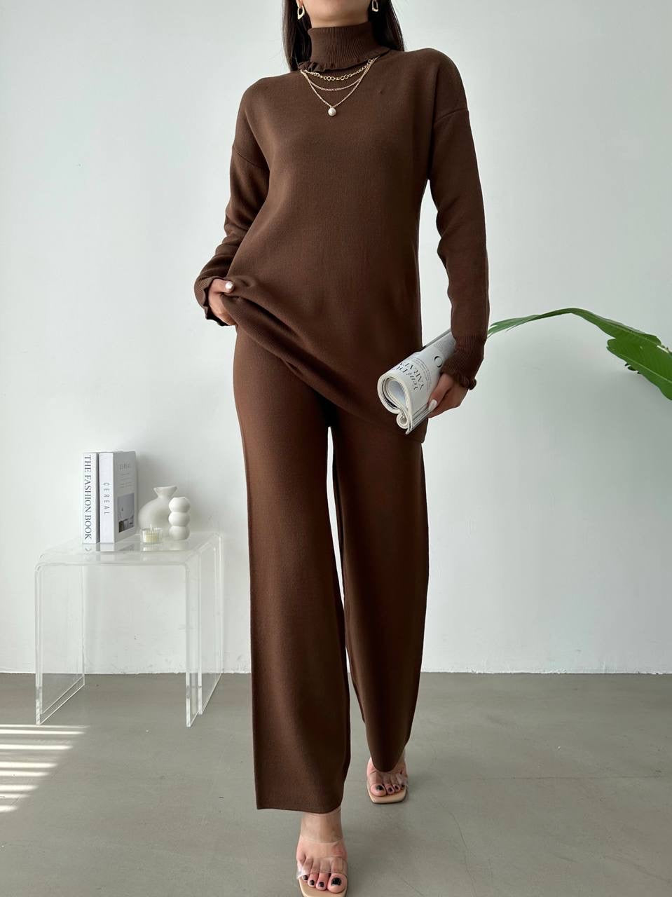 Leyla Knit Turtle Neck 2 Piece Set - Brown