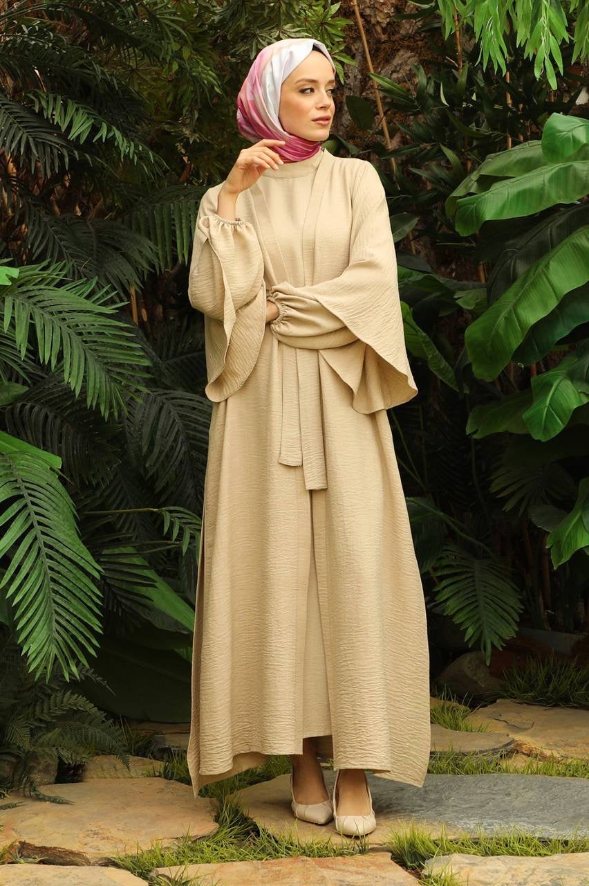 Linen Double Sleeve 2 Piece Abaya Set - Nude