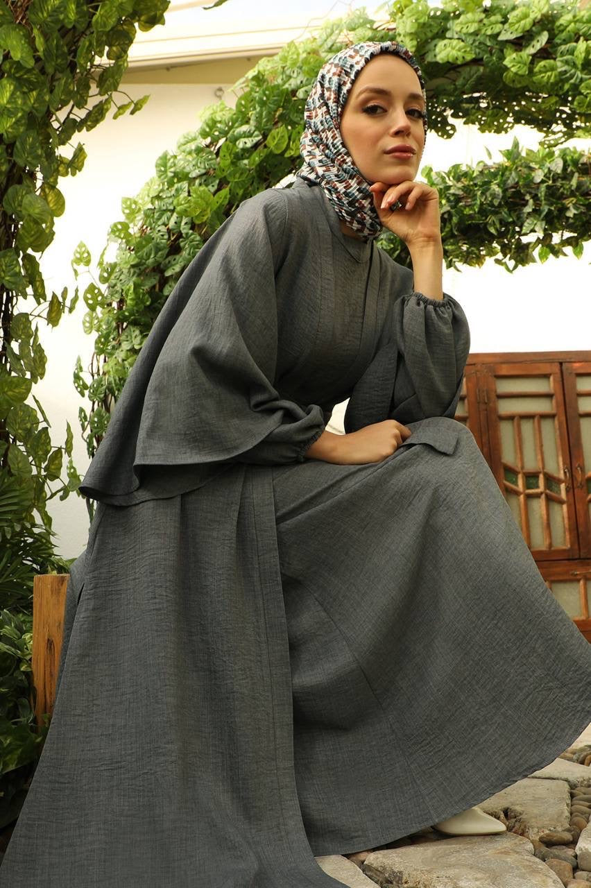 Linen Double Sleeve 2 Piece Abaya Set - Charcoal