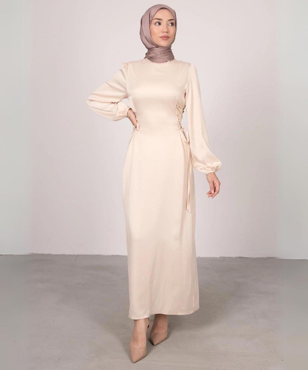 Side Waist Tie Satin Maxi Dress - Beige