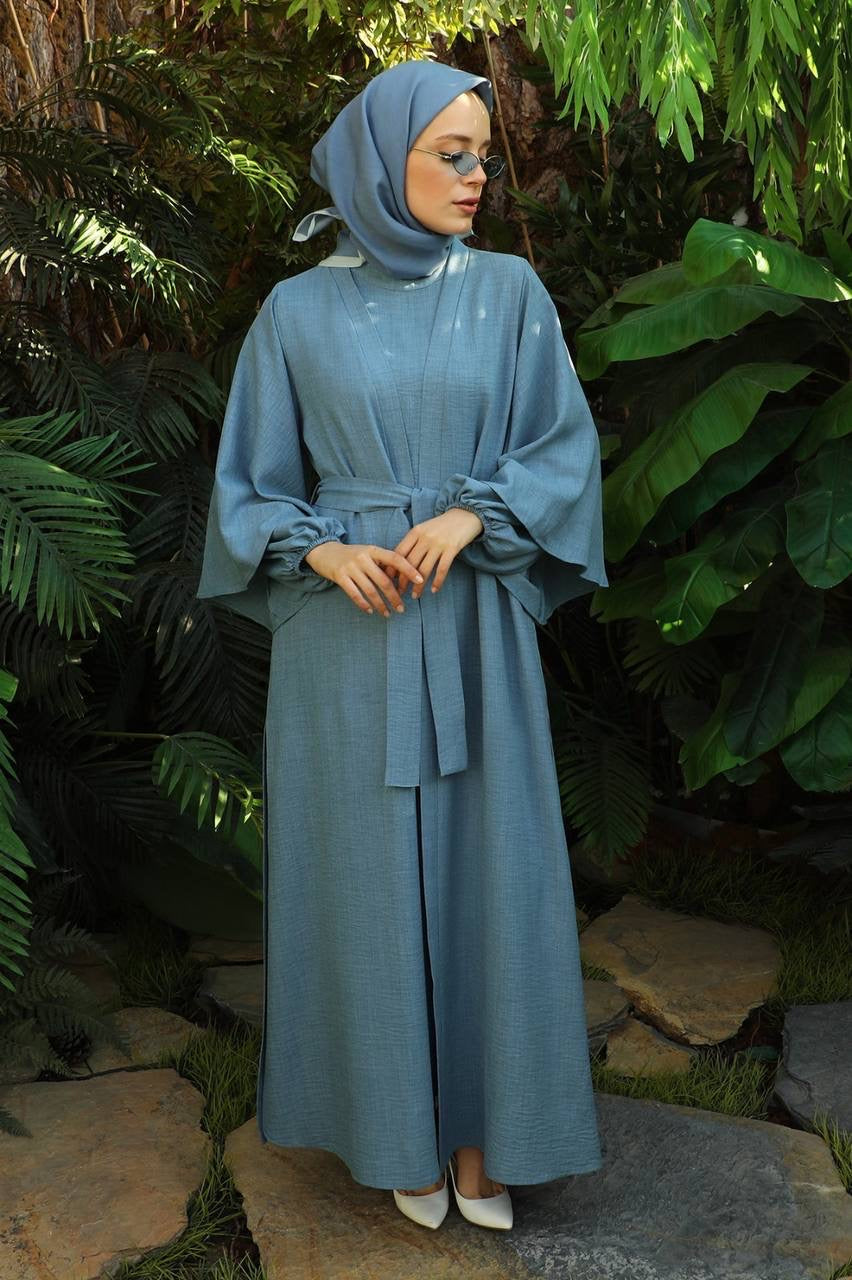 Linen Double Sleeve 2 Piece Abaya Set - Acid Blue