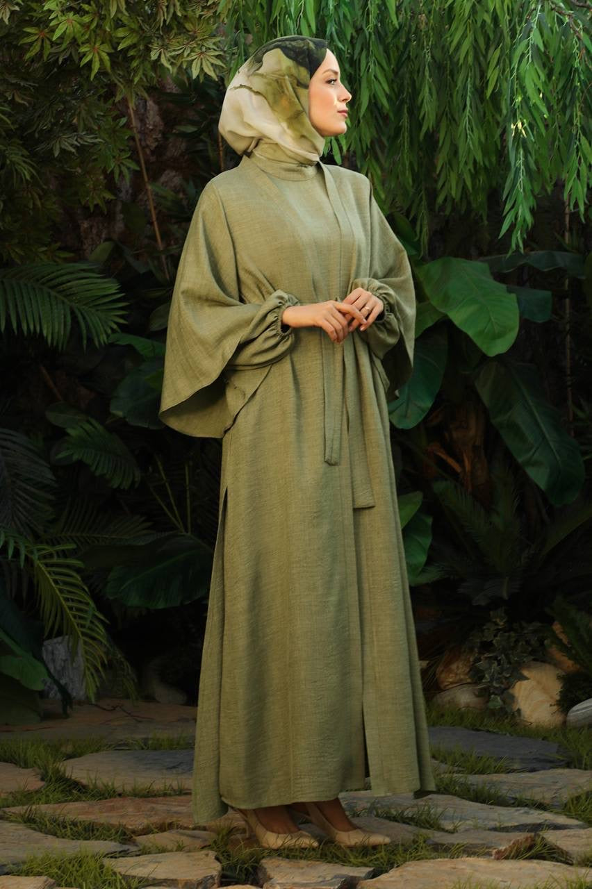 Linen Double Sleeve 2 Piece Abaya Set - Olive