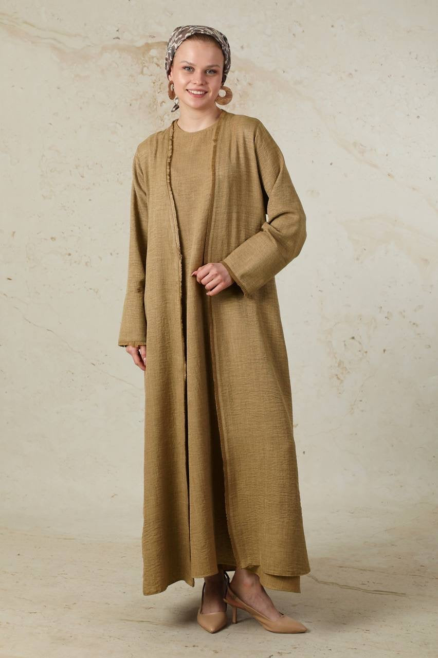 Linen 2 Piece Abaya Set - Mocha