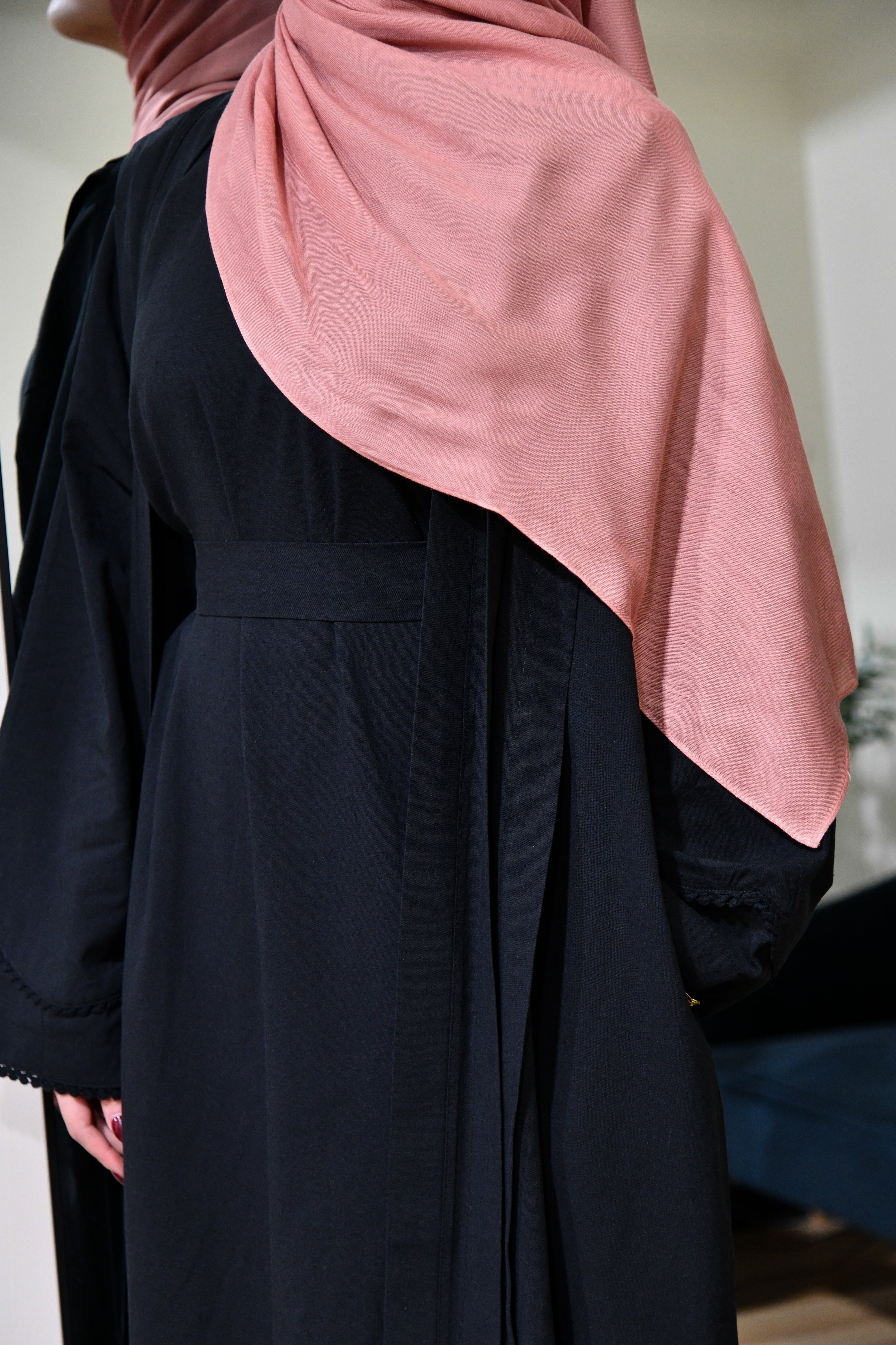 Linen Abaya Set Dress - Black