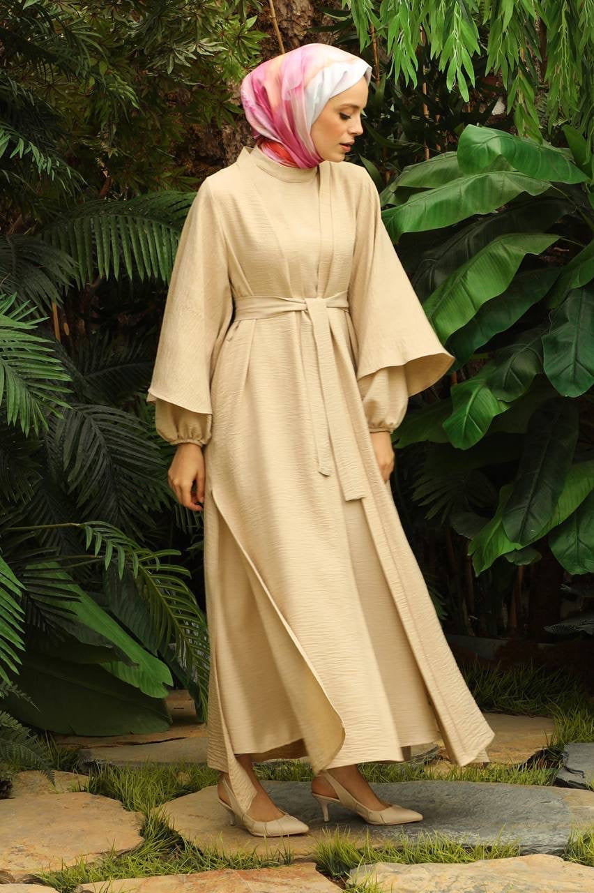 Linen Double Sleeve 2 Piece Abaya Set - Nude