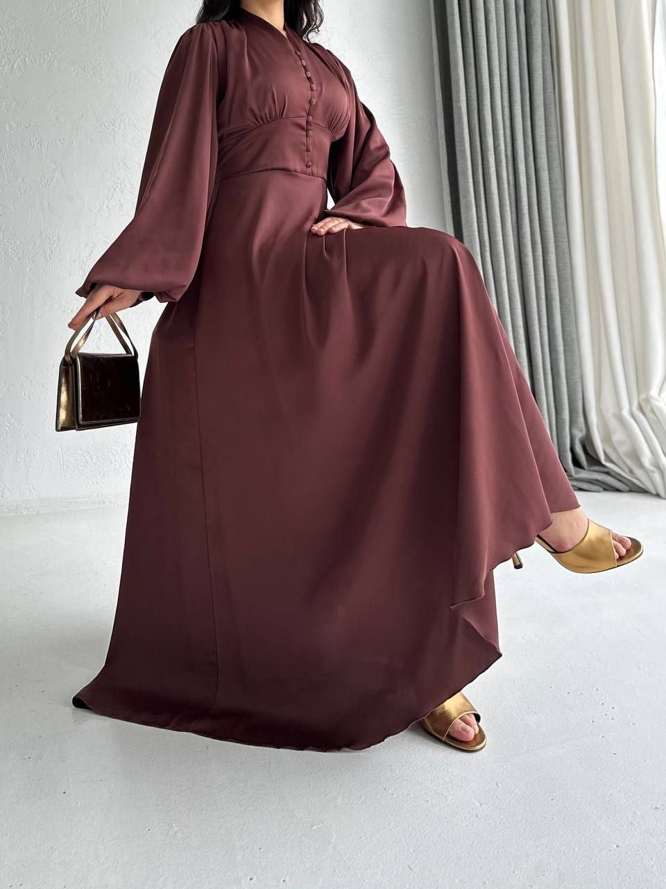 Satin Bishop Sleeve Maxi Evening Dress - Brown