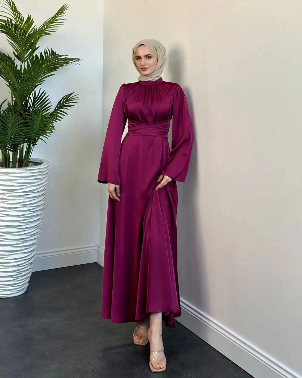 Satin Wrap Maxi Evening Dress - Maroon