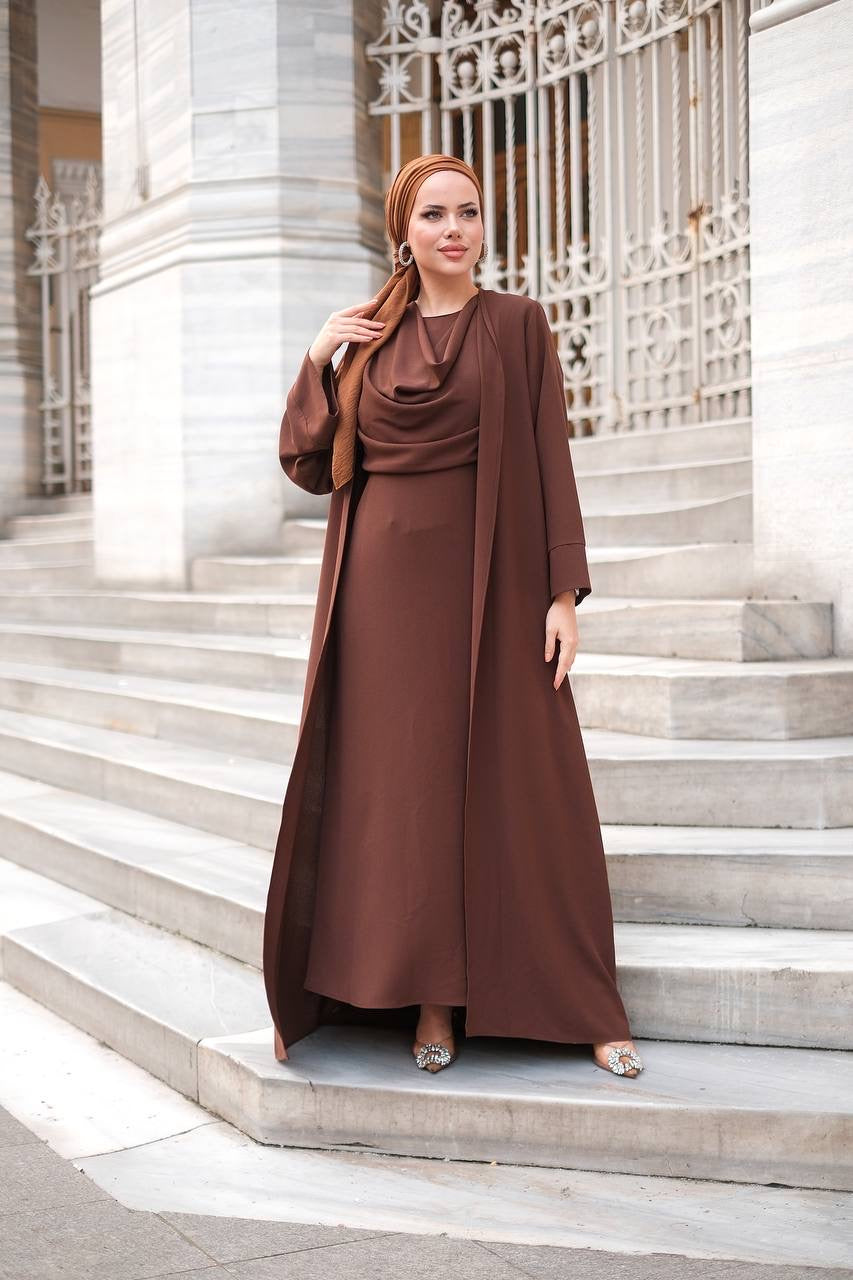 Draped Neck 2 Piece Abaya Set - Brown