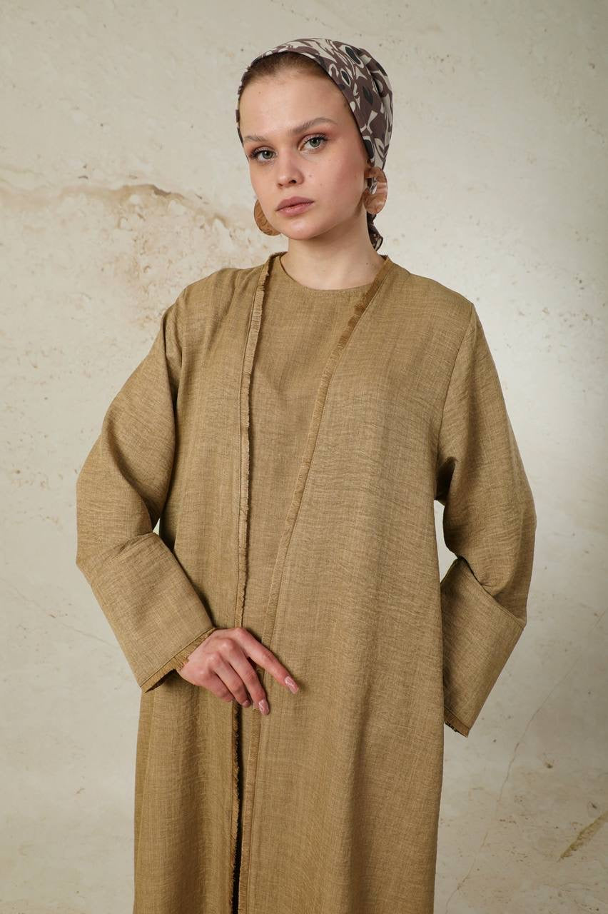 Linen 2 Piece Abaya Set - Mocha