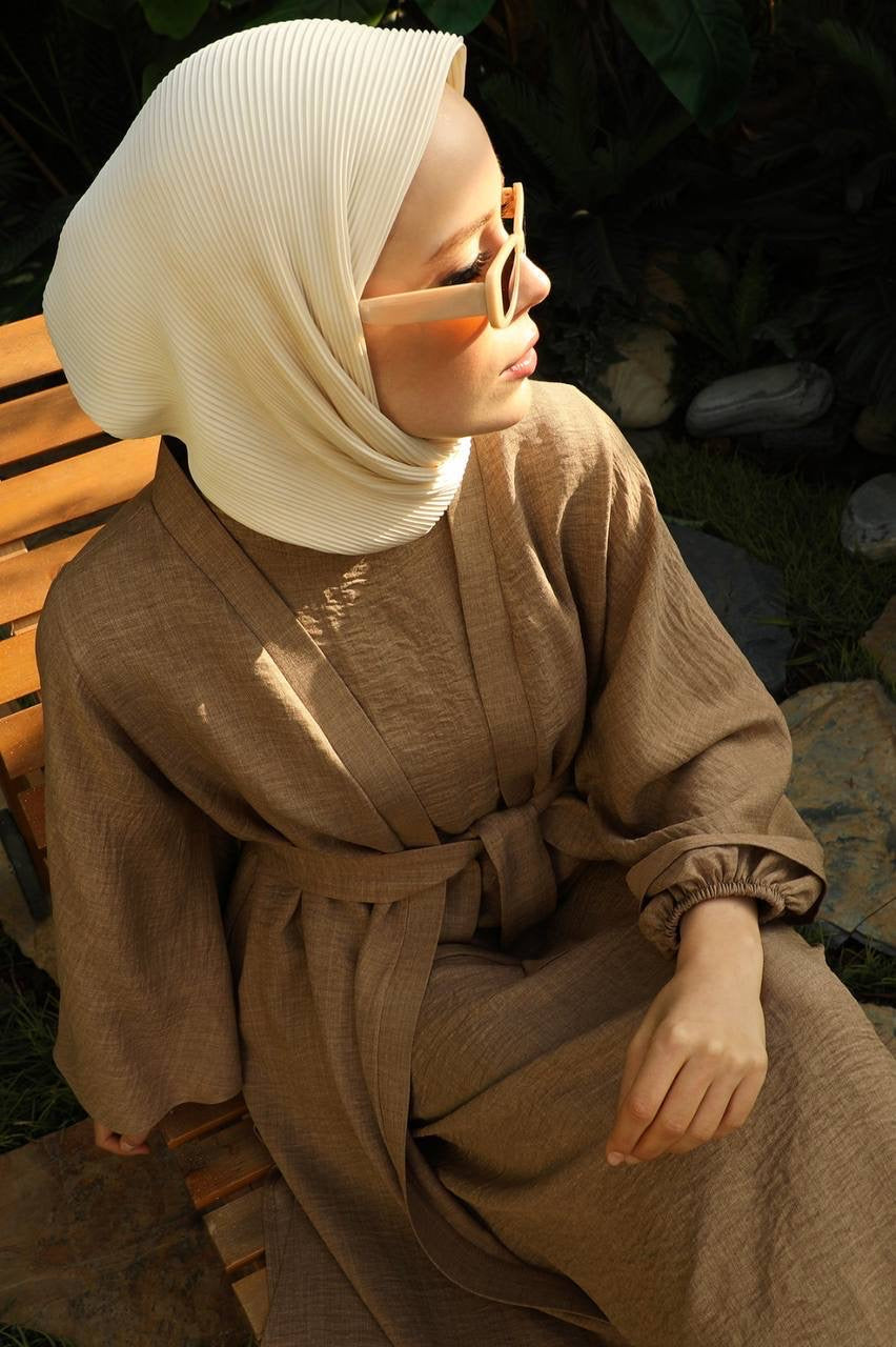 Linen Double Sleeve 2 Piece Abaya Set - Mocha