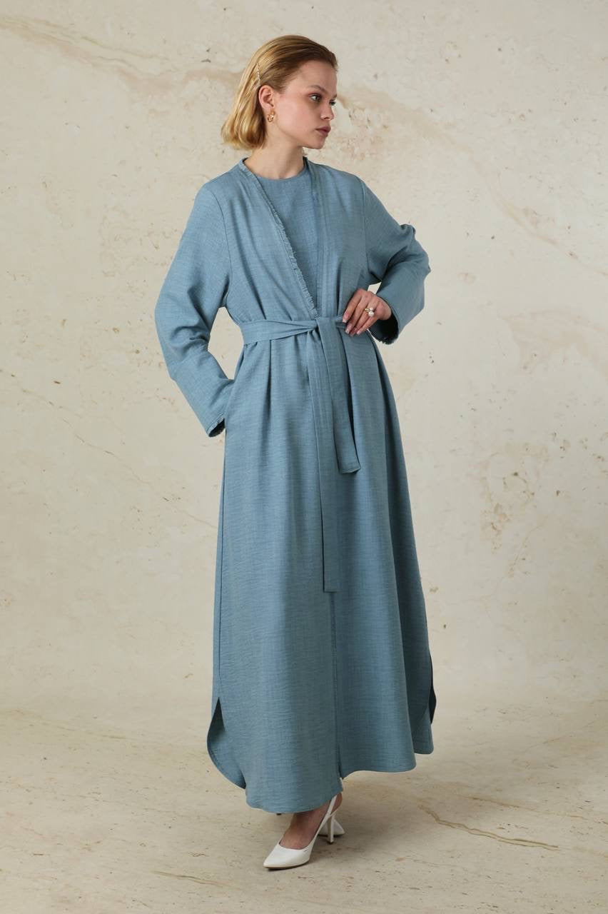 Linen 2 Piece Abaya Set - Acid Blue