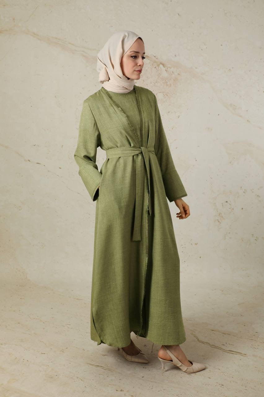 Linen 2 Piece Abaya Set - Olive