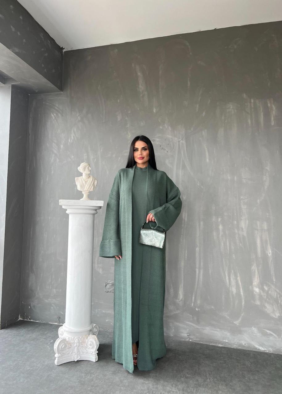 Knitted Abaya Cardigan 2 Piece Set - Sage