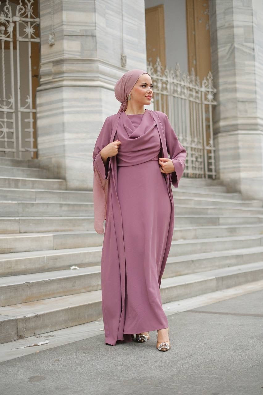 Draped Neck 2 Piece Abaya Set - Dusty Pink