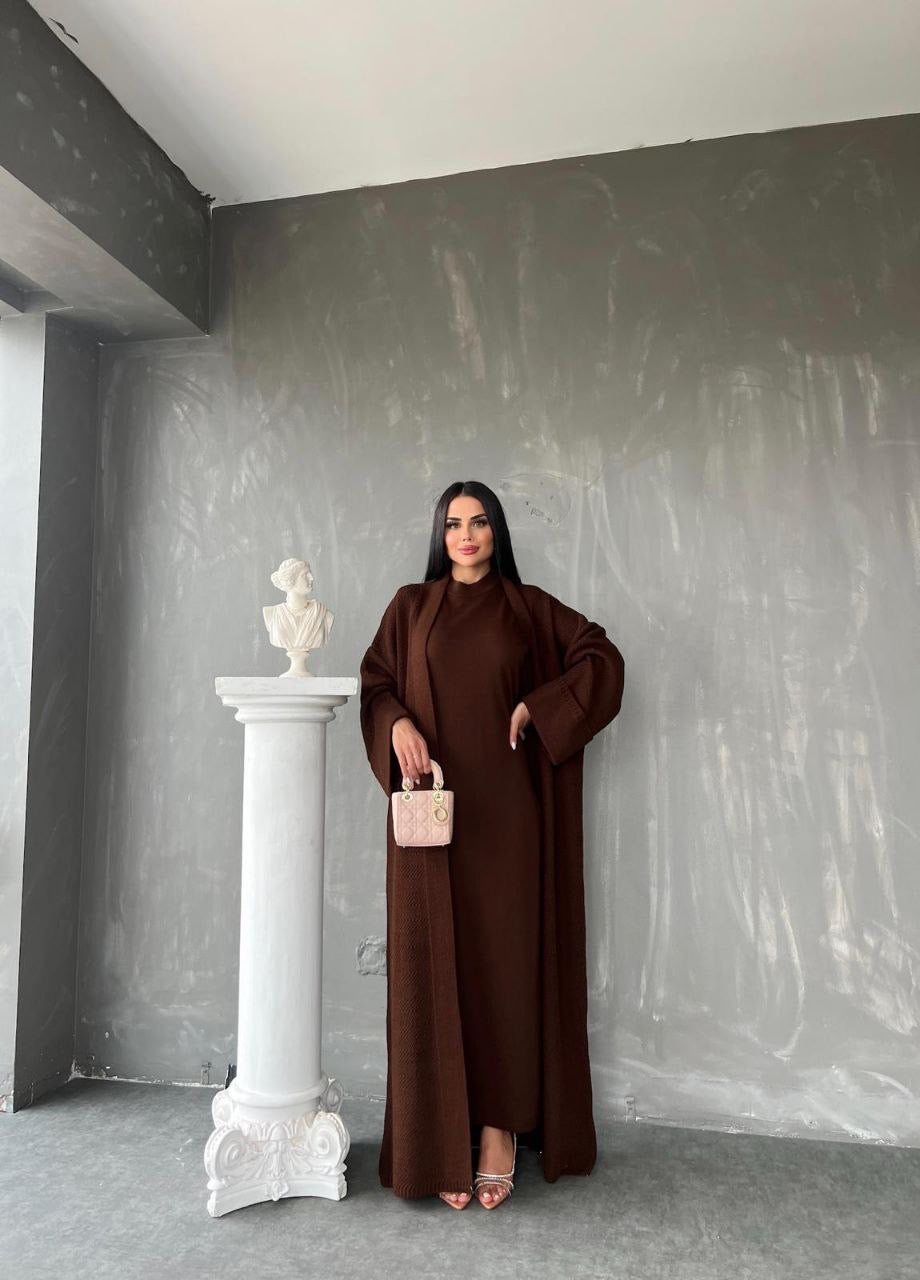 Knitted Abaya Cardigan 2 Piece Set - Brown