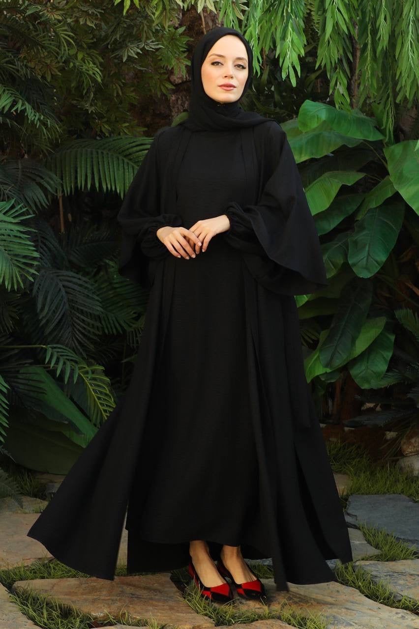 Linen Double Sleeve 2 Piece Abaya Set - Black