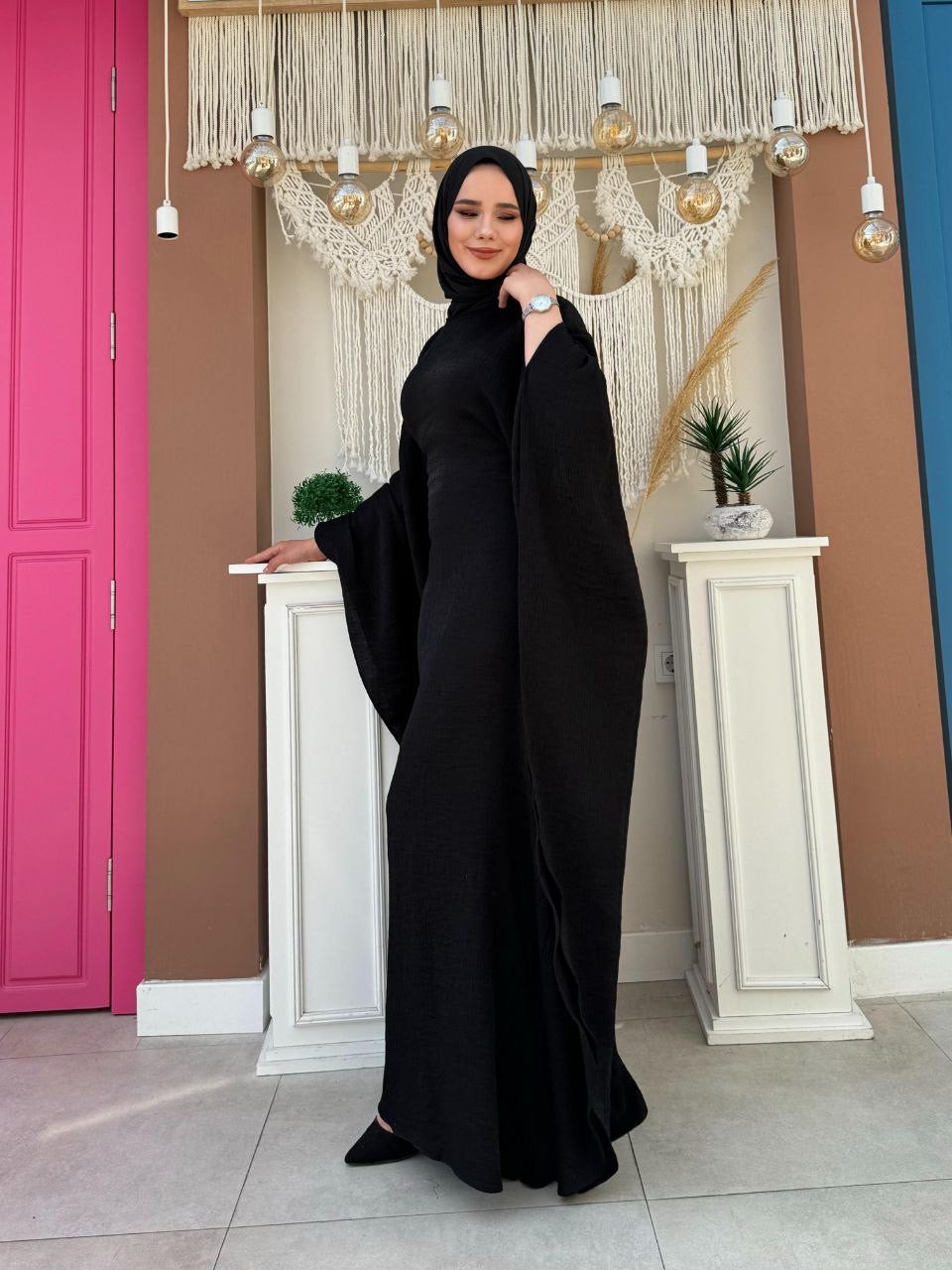 Brushed Satin Butterfly Abaya Dress - Black