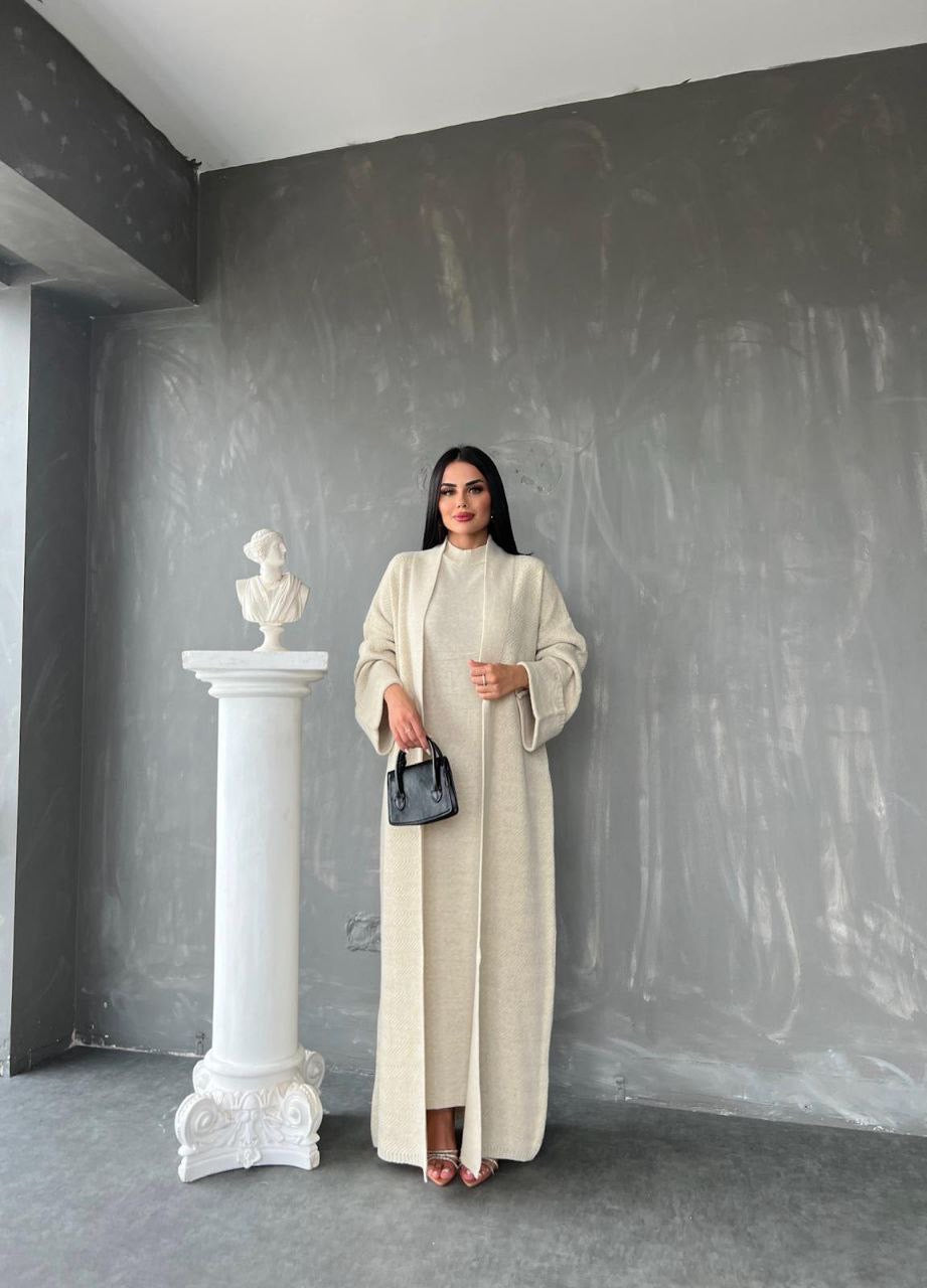 Knitted Abaya Cardigan 2 Piece Set - Off White