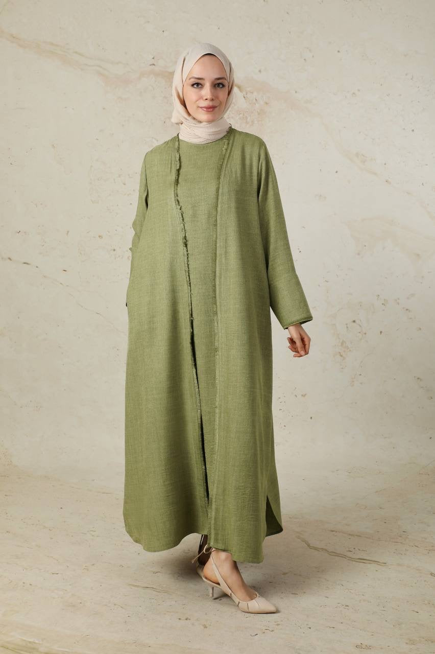 Linen 2 Piece Abaya Set - Olive