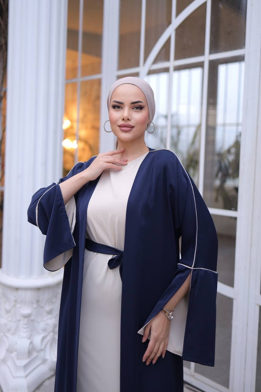 Pin Stripe 2 Piece Abaya Set - Navy/Off White