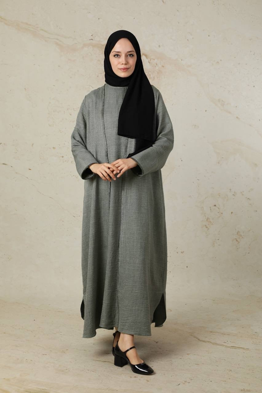 Linen 2 Piece Abaya Set - Charcoal