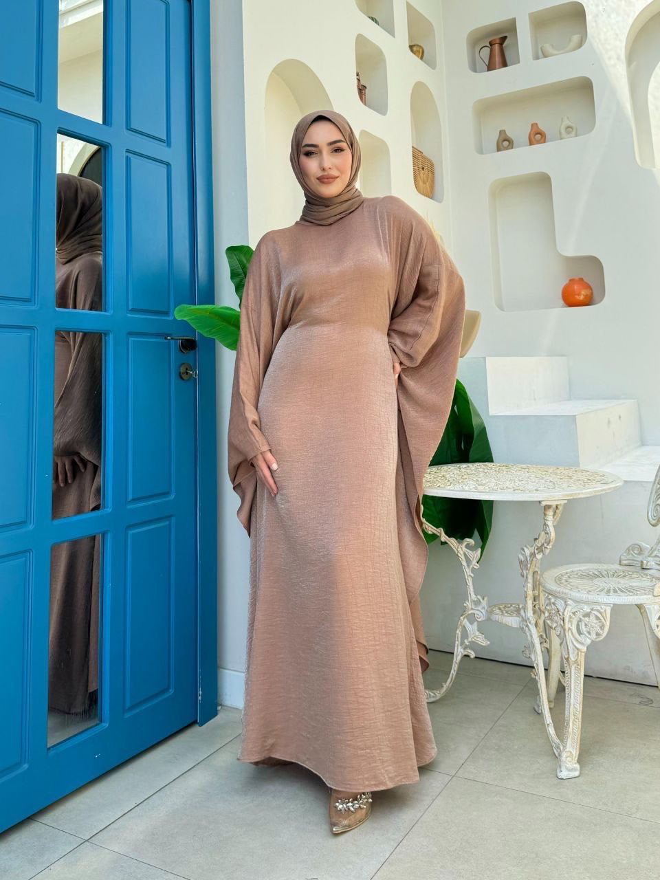 Brushed Satin Butterfly Abaya Dress - Mocha