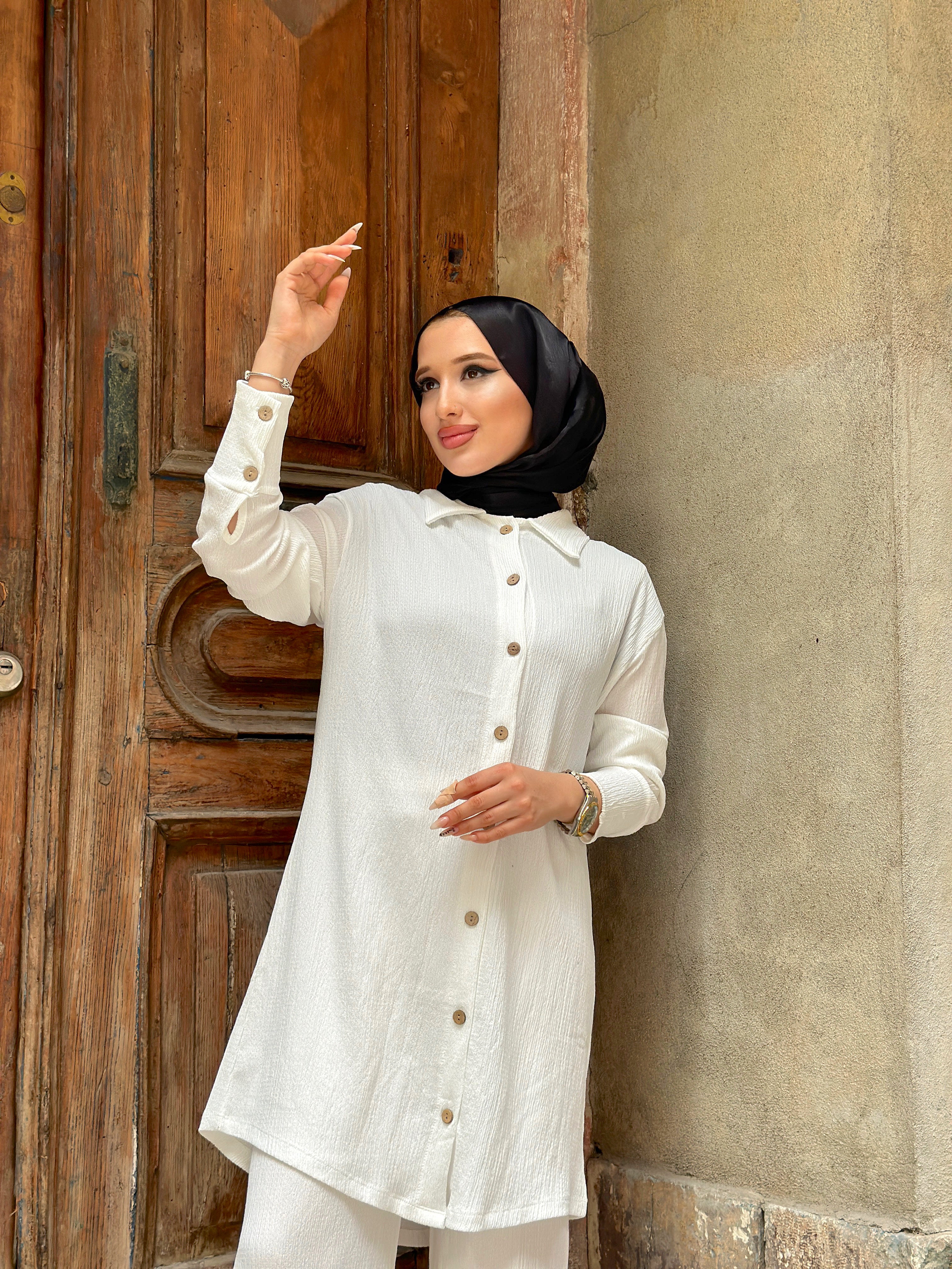 Fatima Buttoned Cotton 2 Piece Set - Off White