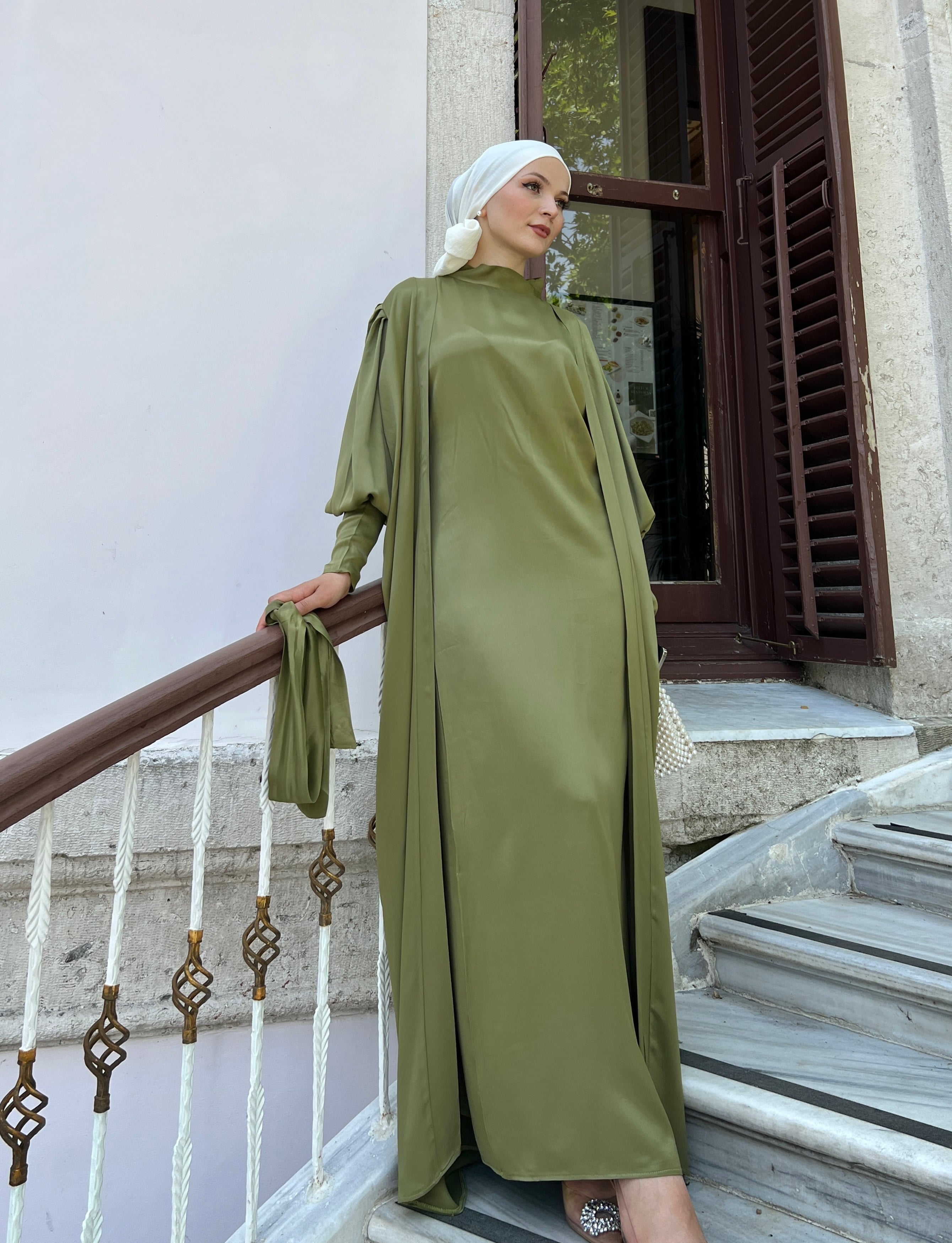 Nariman 2 Piece Satin Open Abaya Set - Olive