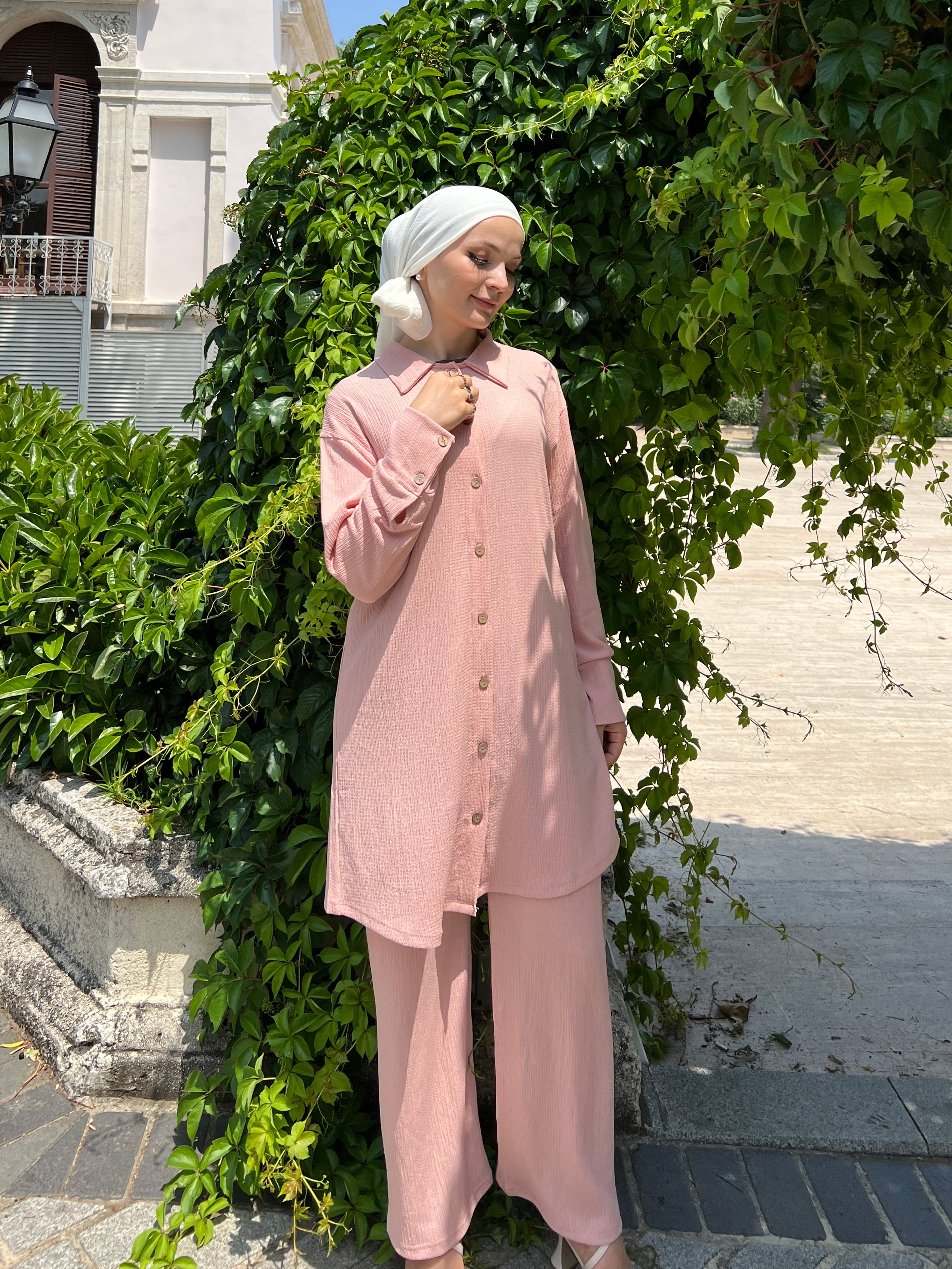 Fatima Buttoned Cotton 2 Piece Set - Rose