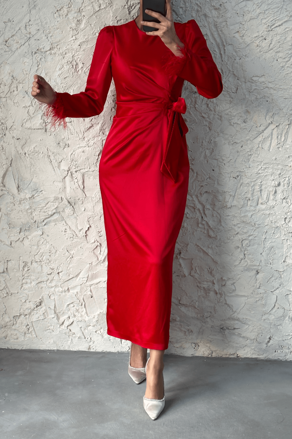 Lamis Feather Sleeve Satin Wrap Maxi Dress - Red