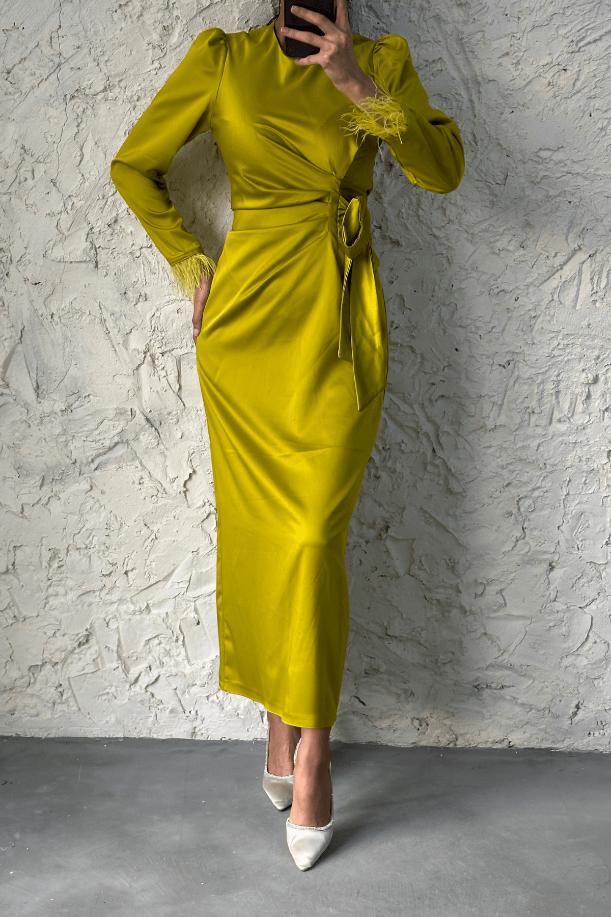 Lamis Feather Sleeve Satin Wrap Maxi Dress - Pistachio